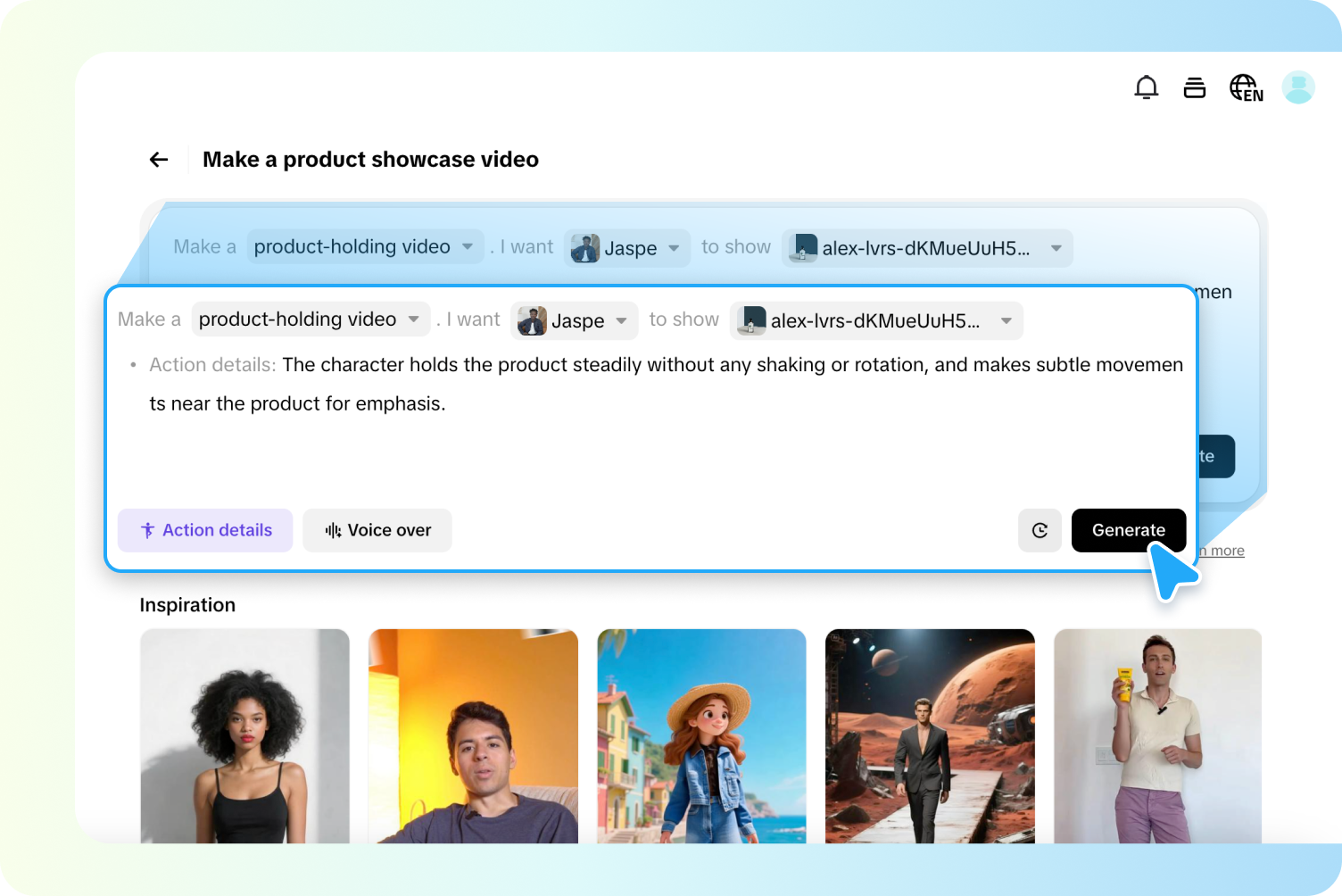 Choose model, voice, product and input script