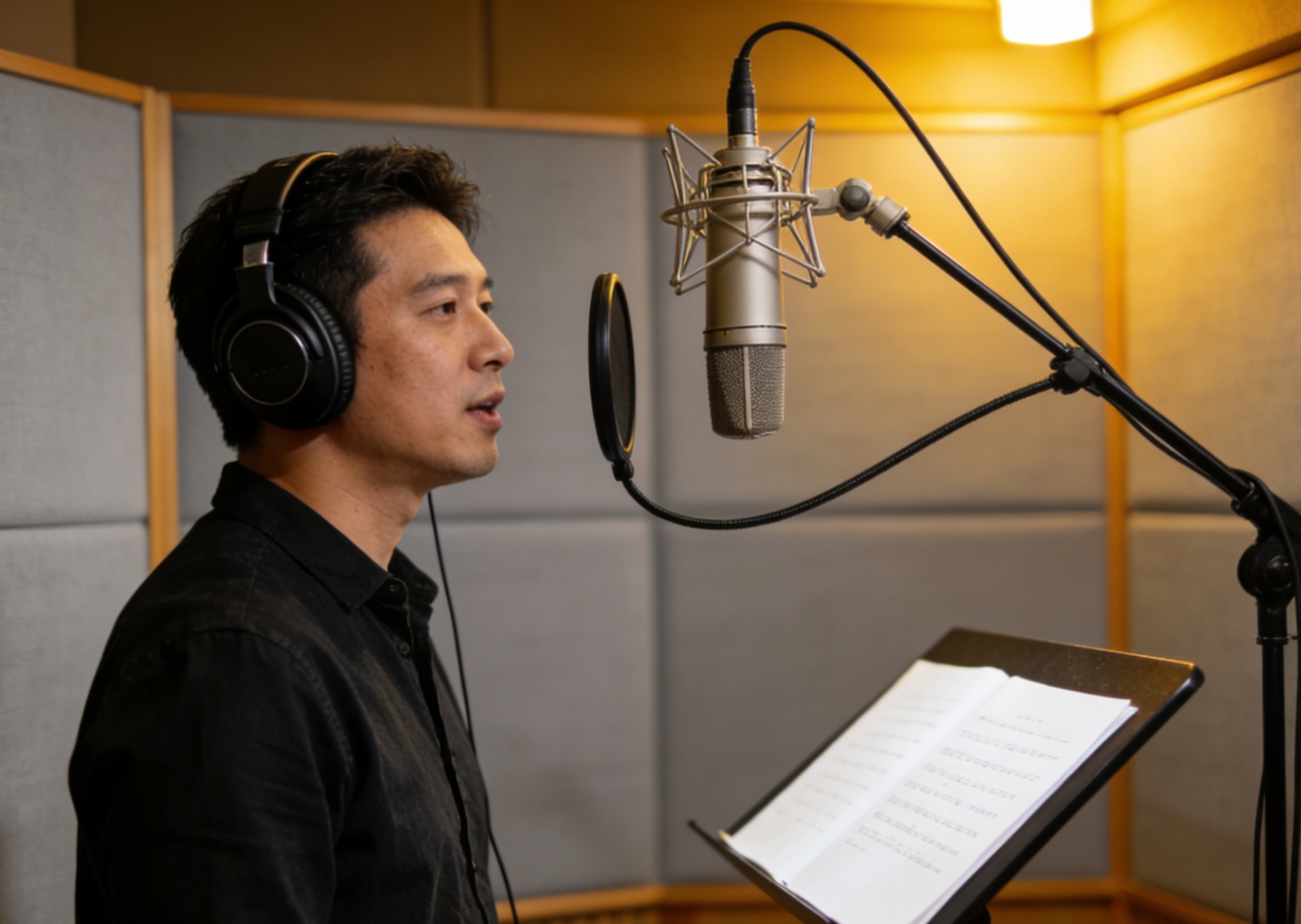 Erzeugen eines Voiceover-Audios eines männlichen Erzählers, der ein Drehbuch liest, klare Artikulation, neutraler Ton