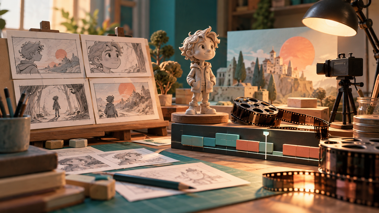 Storyboard cards, a character model and film strips on a worktable