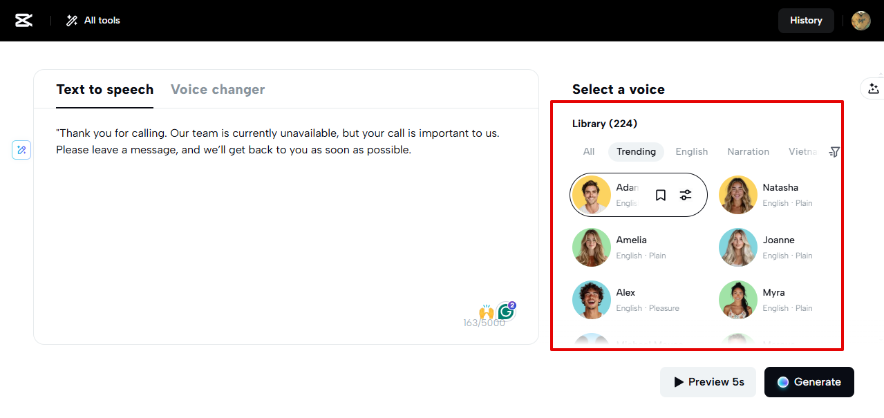 CapCut Web voice characters