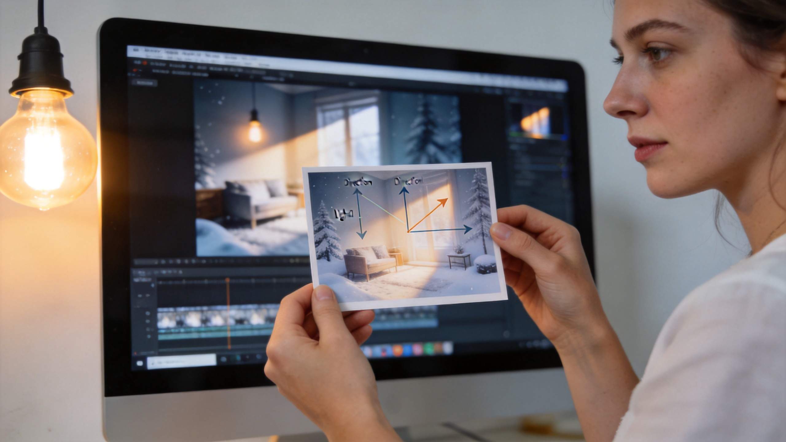 Woman reviews a snowy Christmas background design on a monitor and printed card.