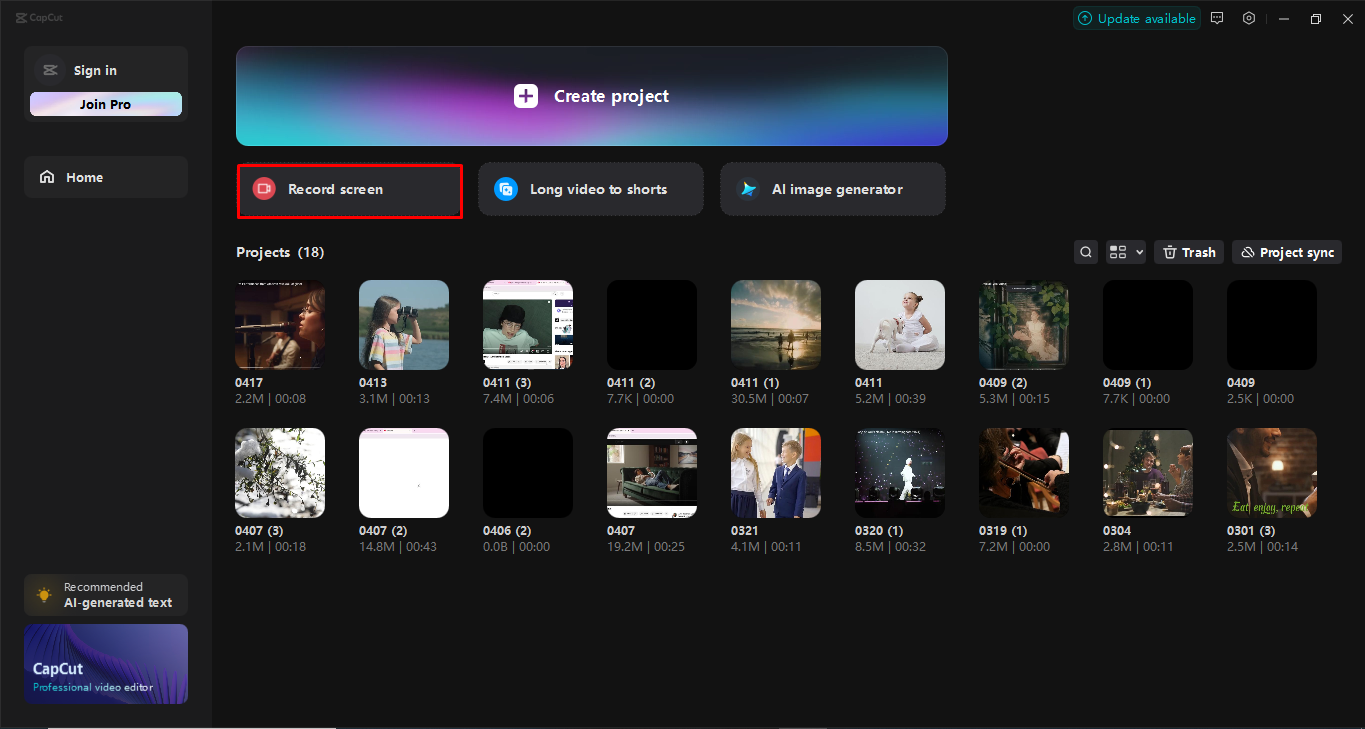 Accessing the screen recorder in the CapCut desktop video editor