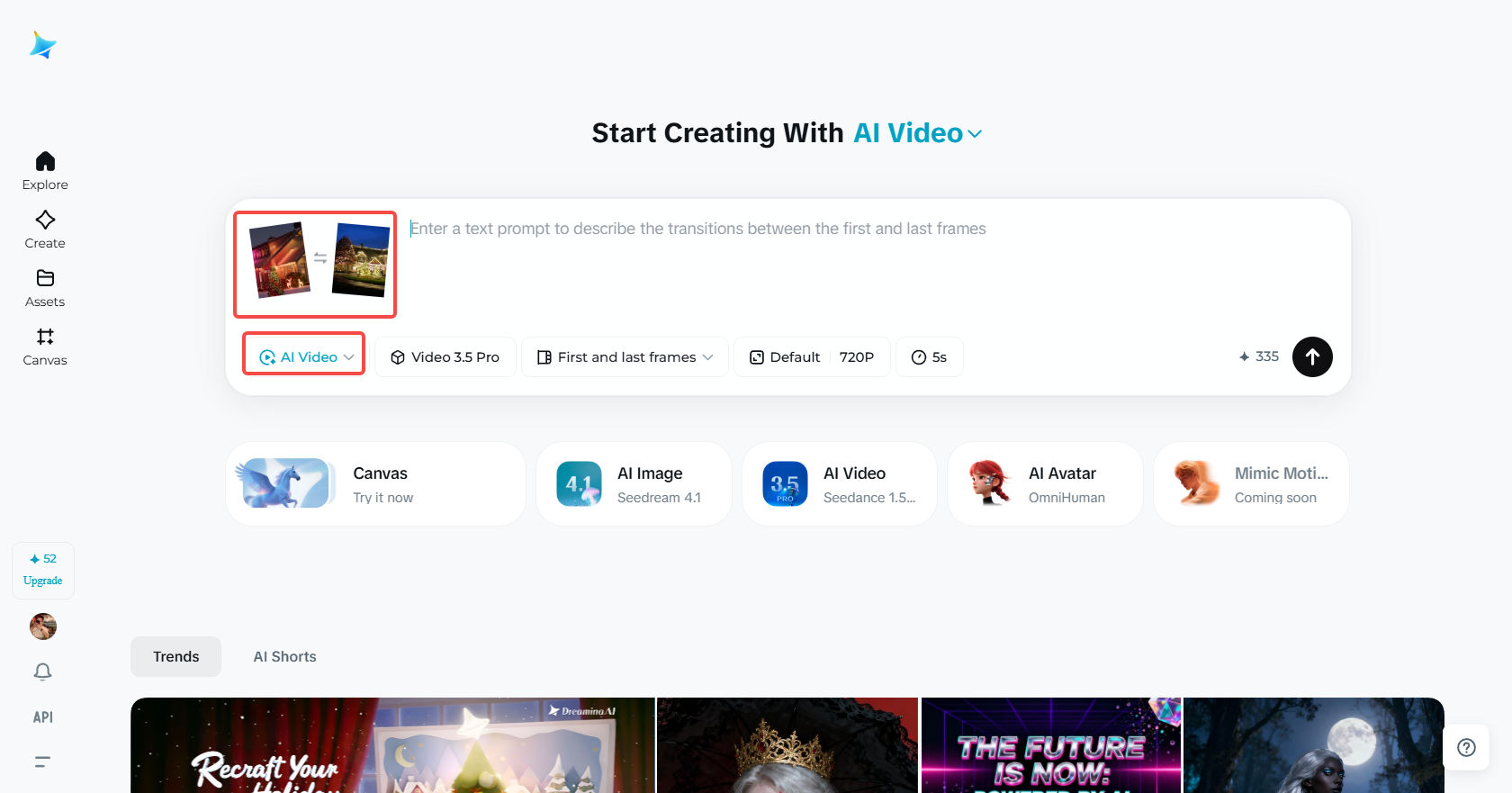 Accessing the "AI Video" feature in Dreamina