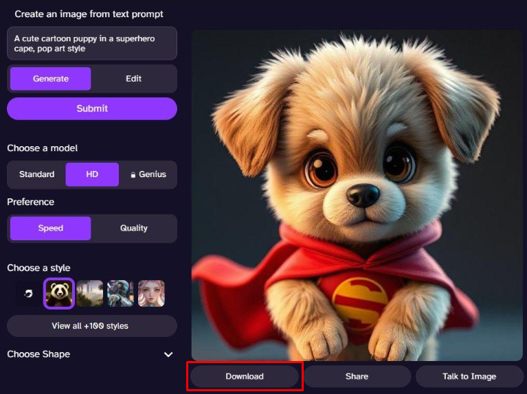 Downloading an image from the DeepAI image generator