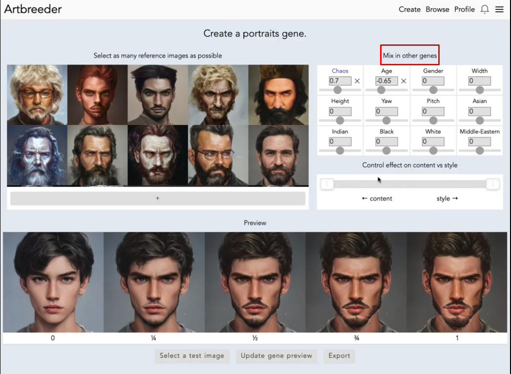 Adjusting gene setting in Artbreeder AI generator