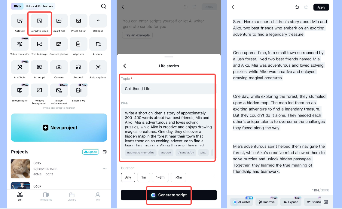 Generujte obsah textu pomocí mobilní aplikace CapCut.