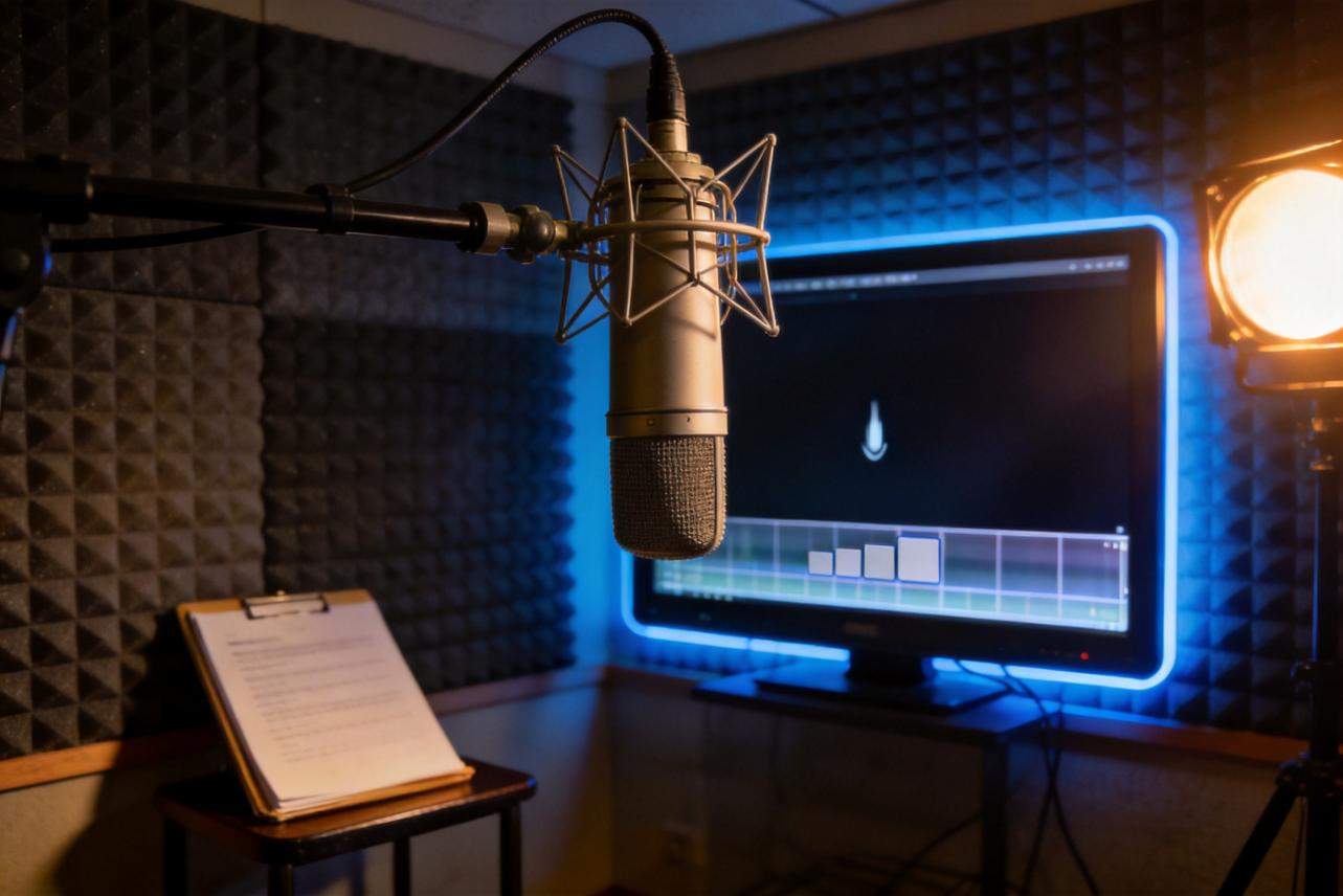 Microphone in a sound booth with a monitor and script stand in the background