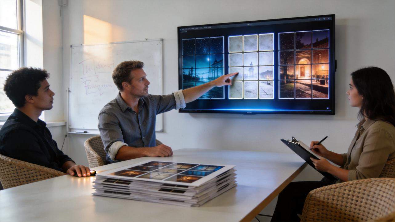 Three people in a meeting watch a man point at a wall display with three image panels