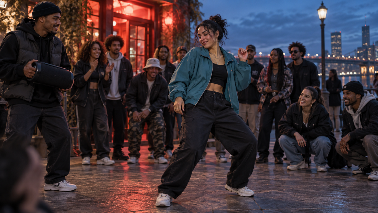 16:9 illustrative keyframe: original adult woman in teal jacket and dark trousers inside an open street spectator circle at blue hour; adult speaker partner on frame left, red venue light behind, relaxed shoulder-led posture.