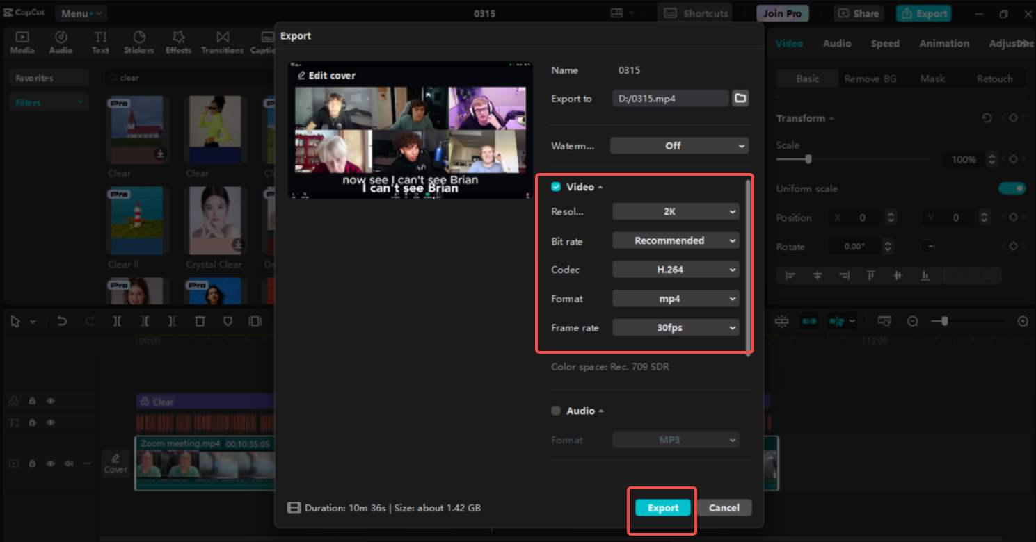 ส่งออกการบันทึกในCapCut