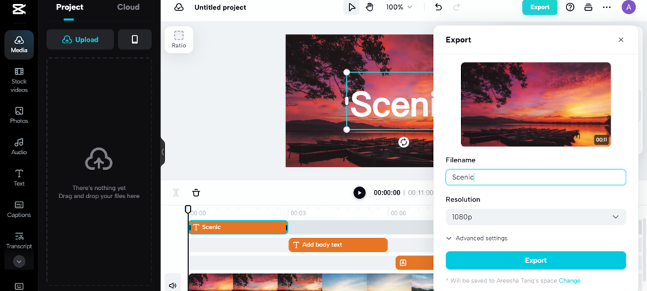 Exporting CapCut project for online showcase with specified settings