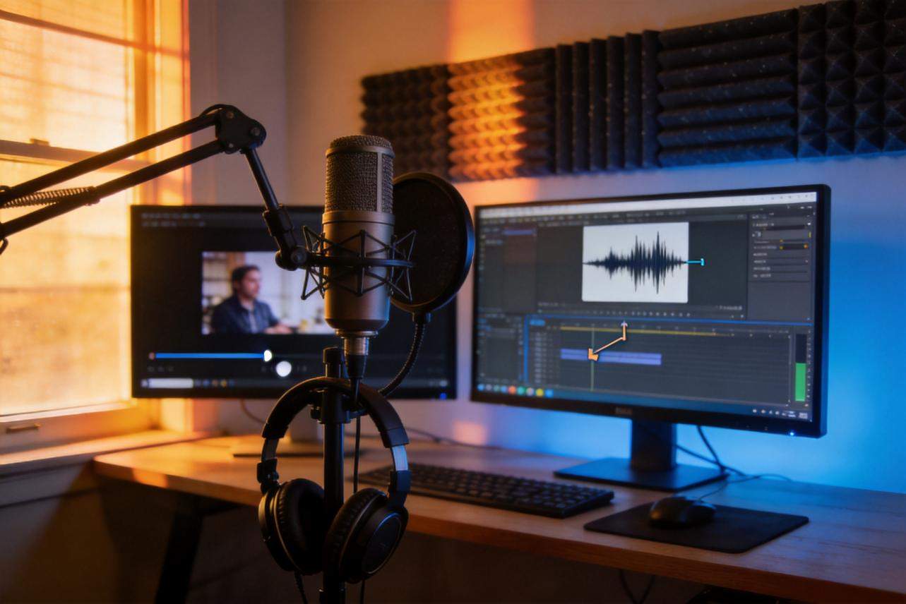 Microphone with headphones in front of dual monitors showing audio waveform and video editing timeline