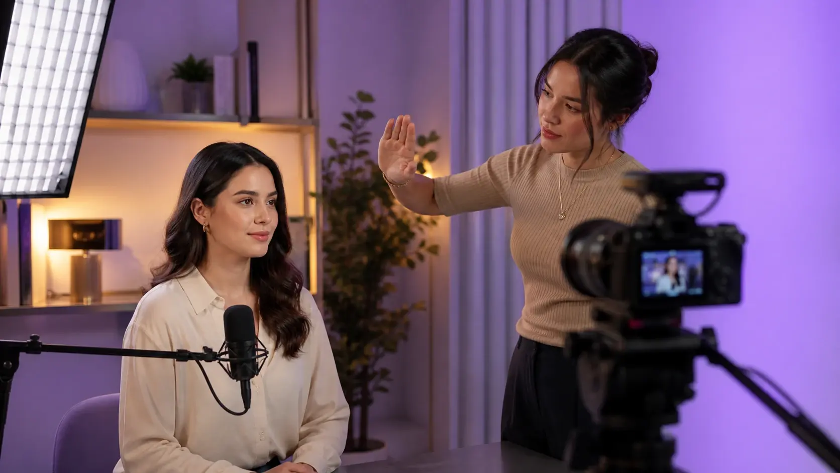 Woman records a seated speaker on camera in a studio setup