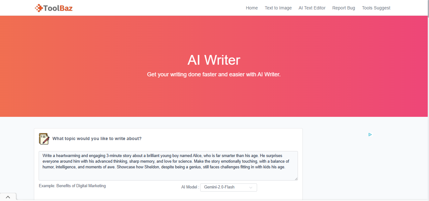 Interface do ToolBaz - o melhor IA gerador de histórias baseado em um prompt gratuito