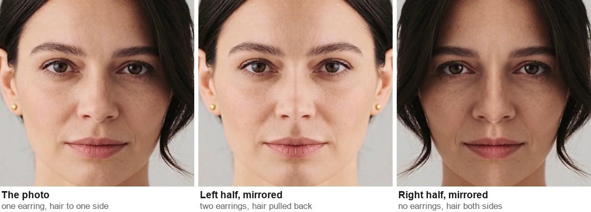 The original portrait beside its left-half mirror and right-half mirror.