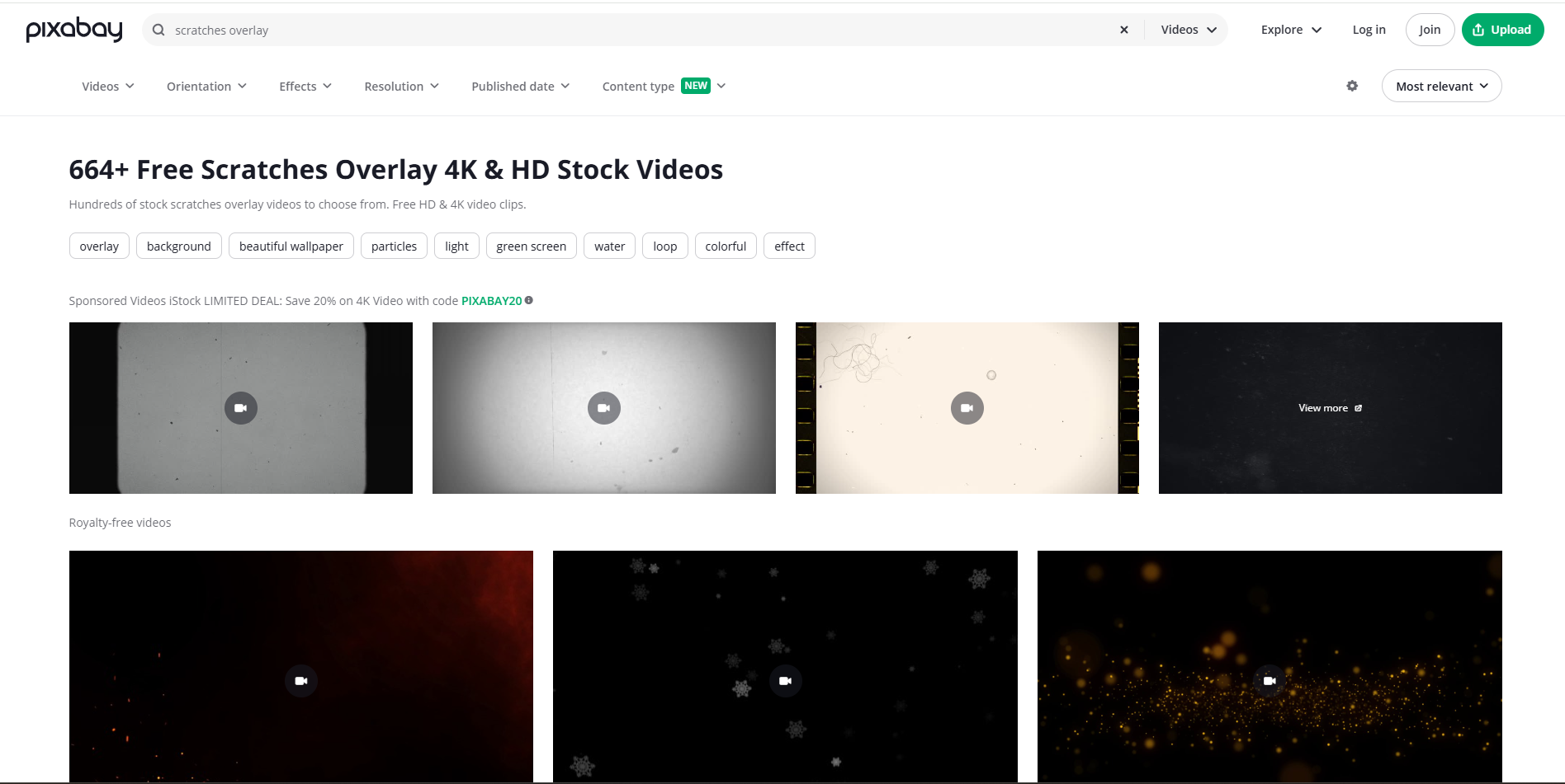 Interface of Pixabay - a free resource for film scratches overlay