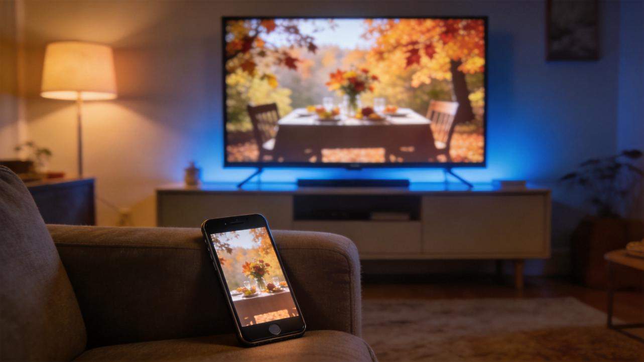 Phone and TV showing a Thanksgiving dinner table with autumn decor