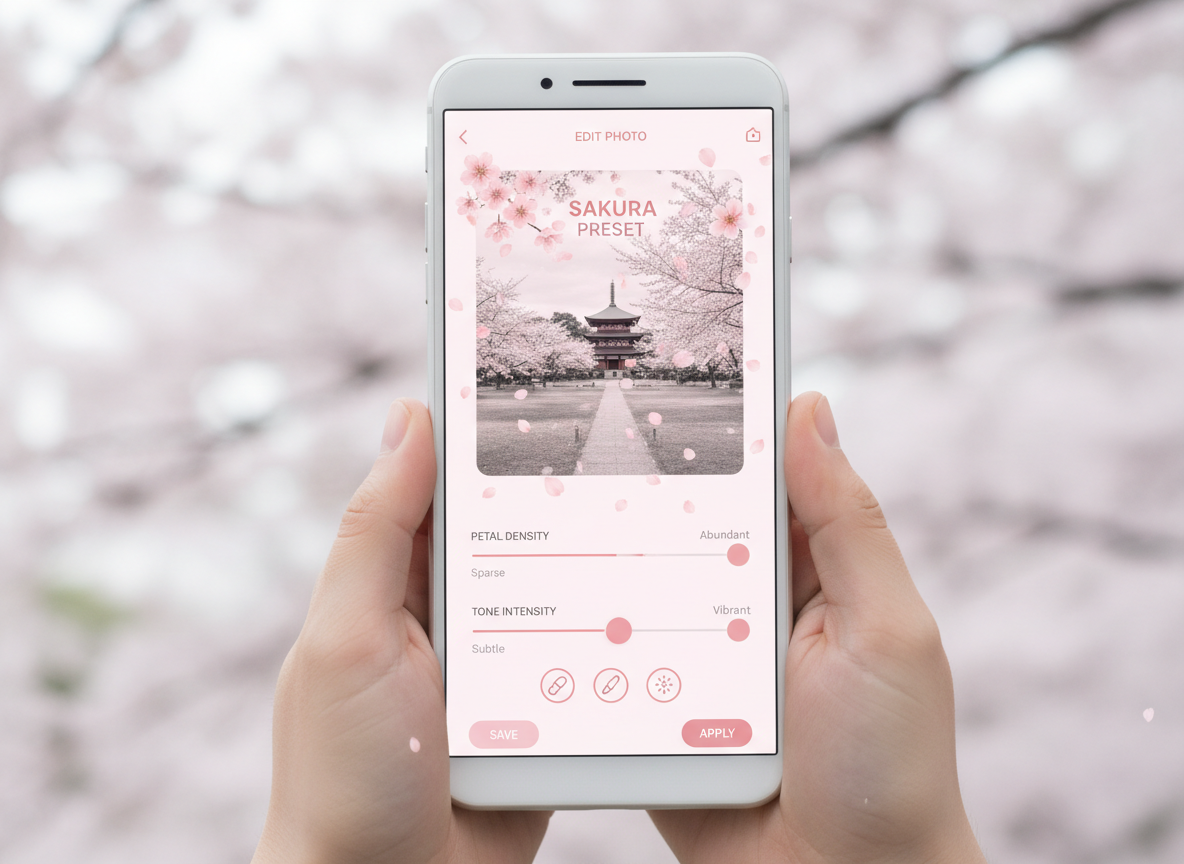 Phone mockup selecting sakura preset with sliders for petal density and tone intensity, minimal UI