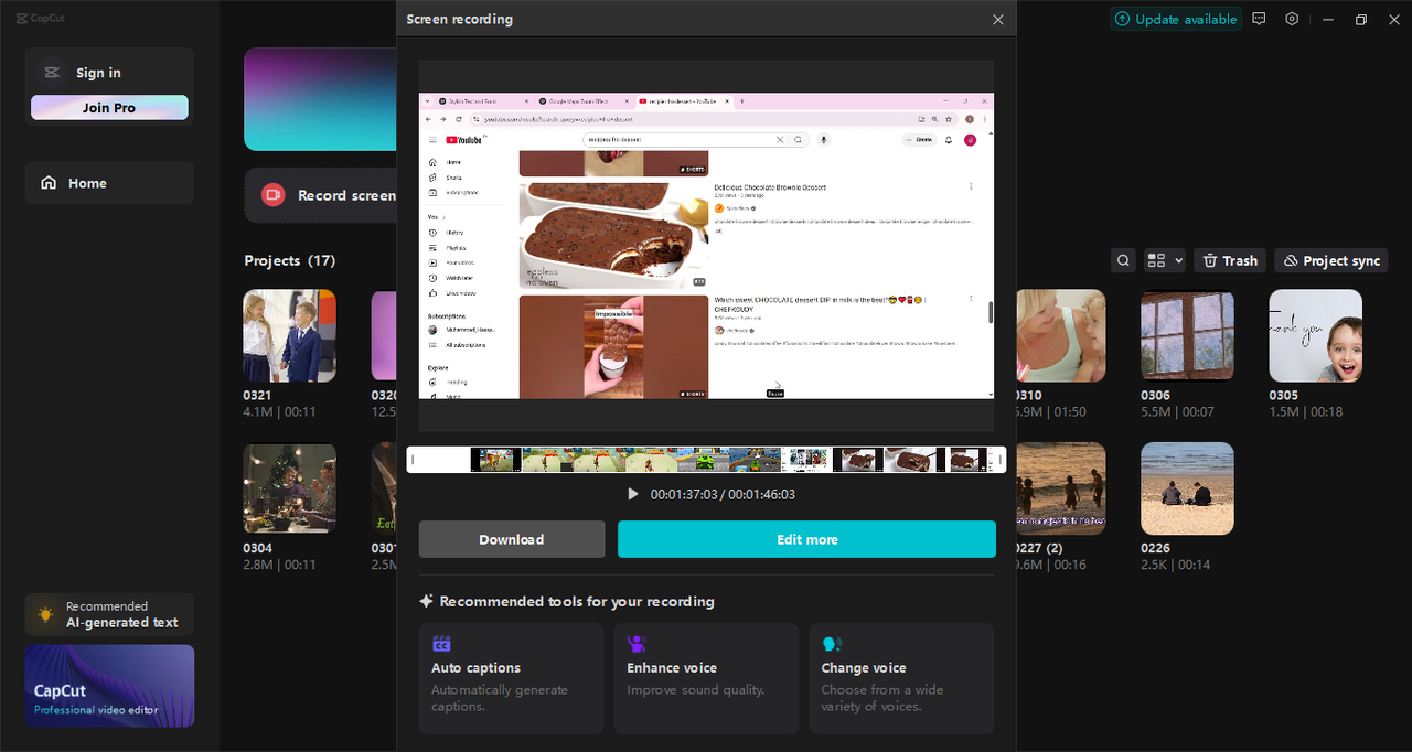 Interface of the CapCut desktop video editor recording the screen