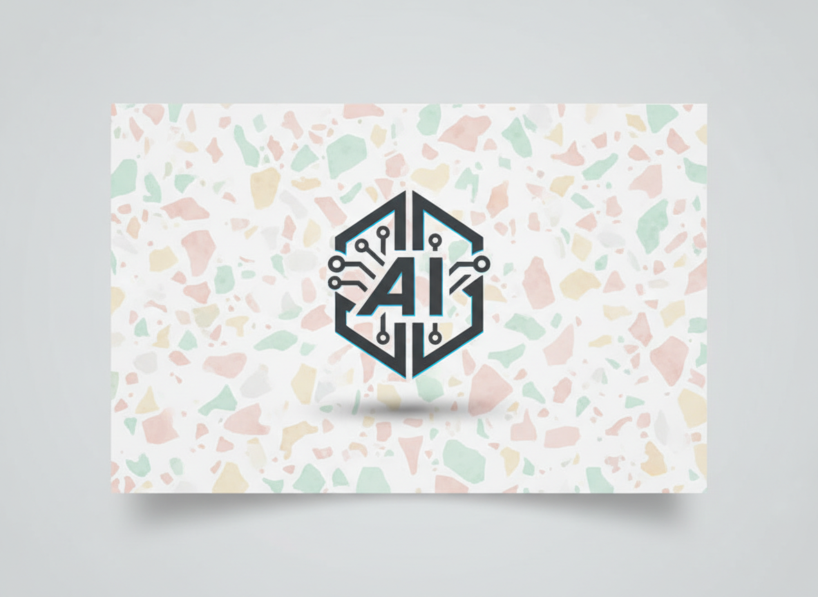 AI avatar logo centered on a terrazzo pastel chip card in mint, blush pink, and cream; clean edges, subtle shadow.