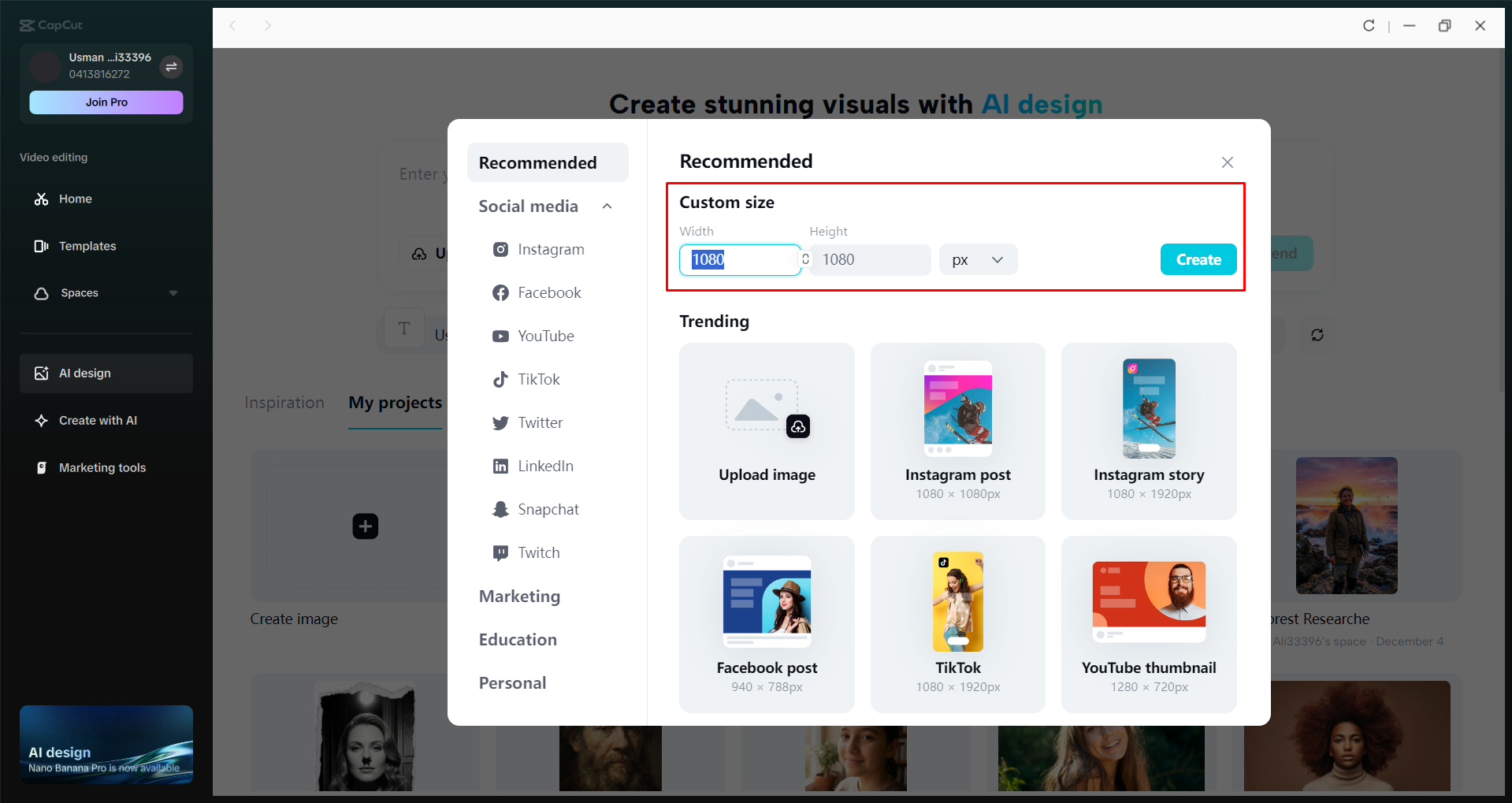 Uploading images to the CapCut's AI design tool