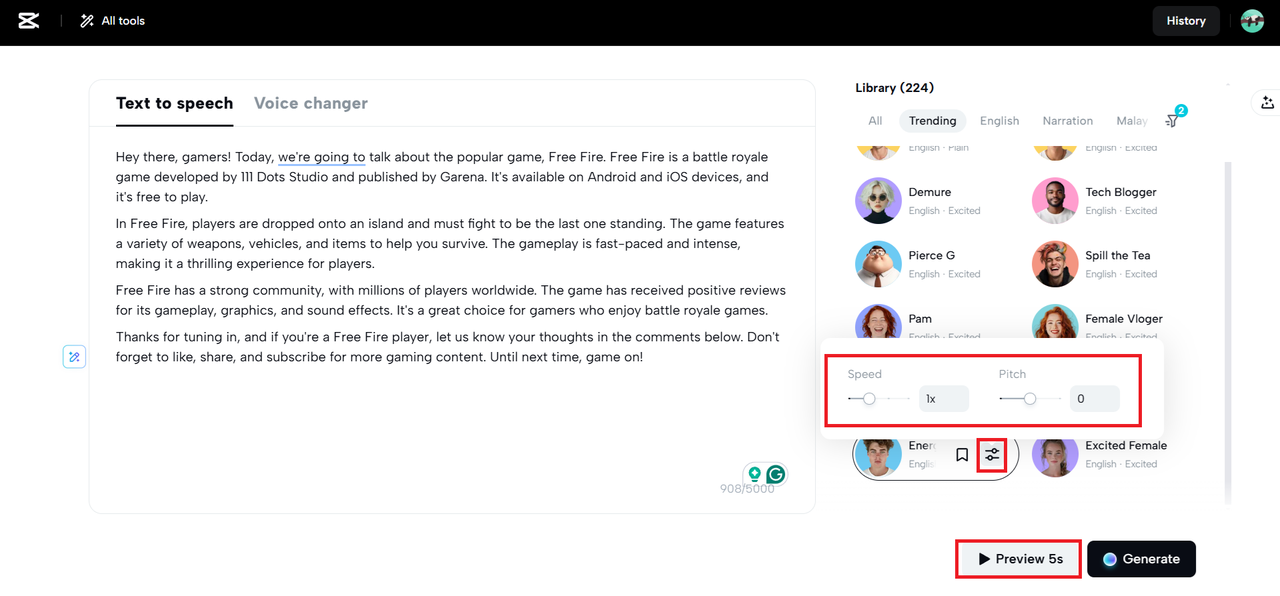 Säädä nopeutta ja sävelkorkeutta ja napsauta esikatselua