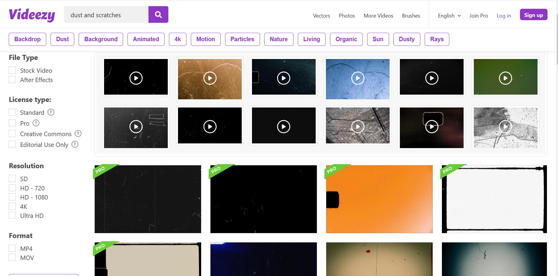 Interface of Videezy - the best website to get free dust and scratches video overlays
