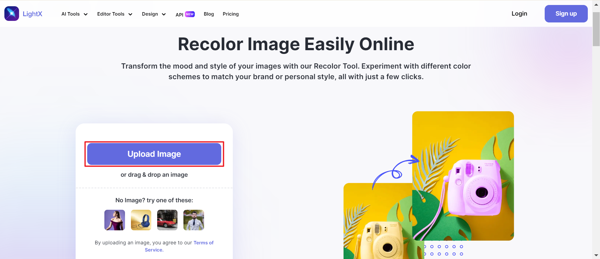 Click "Upload Image" on LightX online recolor image editor