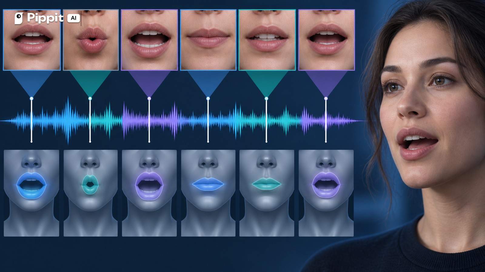 A speaking face, mouth poses, and an audio waveform illustrate phoneme and viseme alignment.
