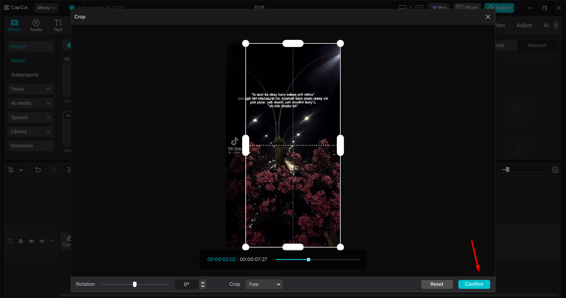 Confirming the crop in CapCut PC