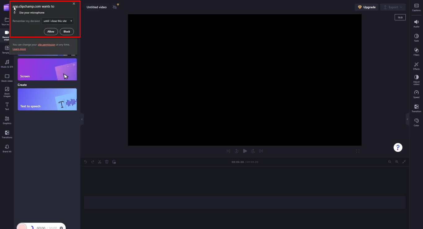 Allow microphone access in the Clipchamp screen recorder