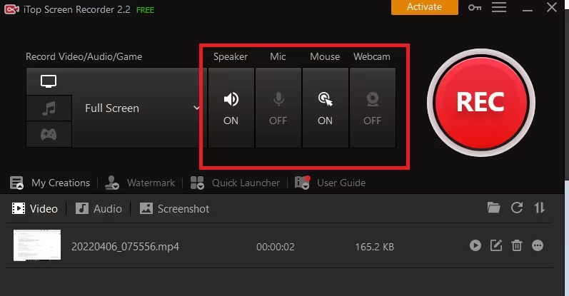 Configure recording settings in the iTop screen recorder