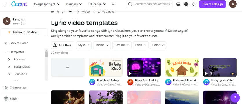 Choose a lyric video template in Canva