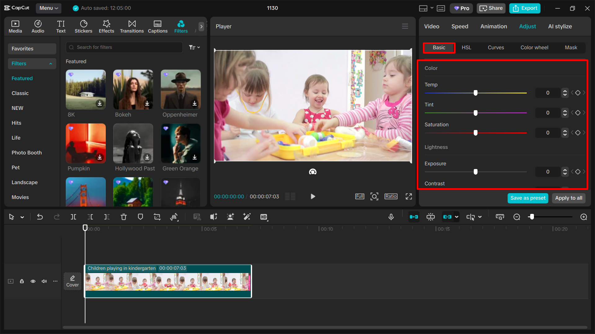Basic color adjustment in capCut