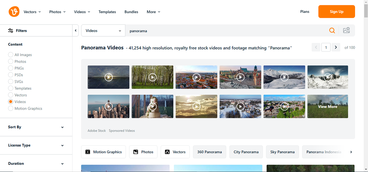 Antara muka platform Vecteezy yang mempamerkan perpustakaan video panorama 360 berkualiti tinggi