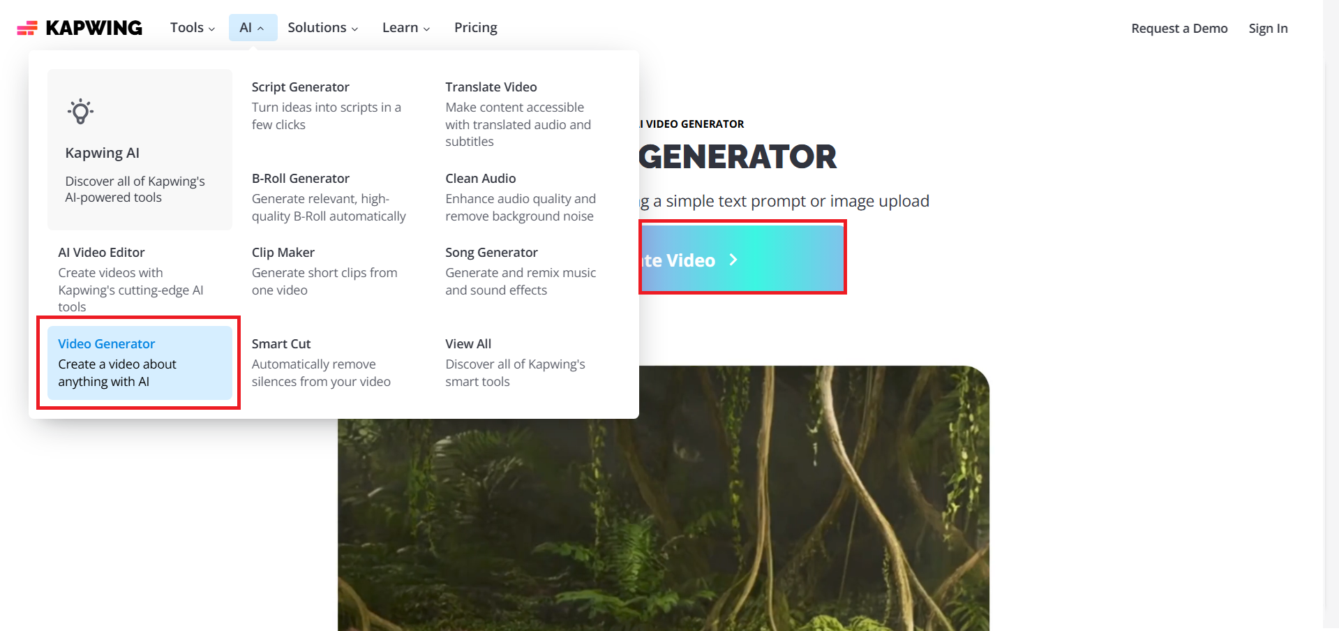 Open the AI Video Generator on Kapwing