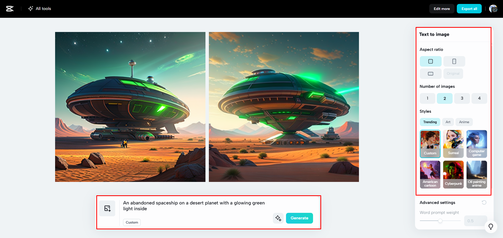 Converting a text prompt to an image in CapCut Web