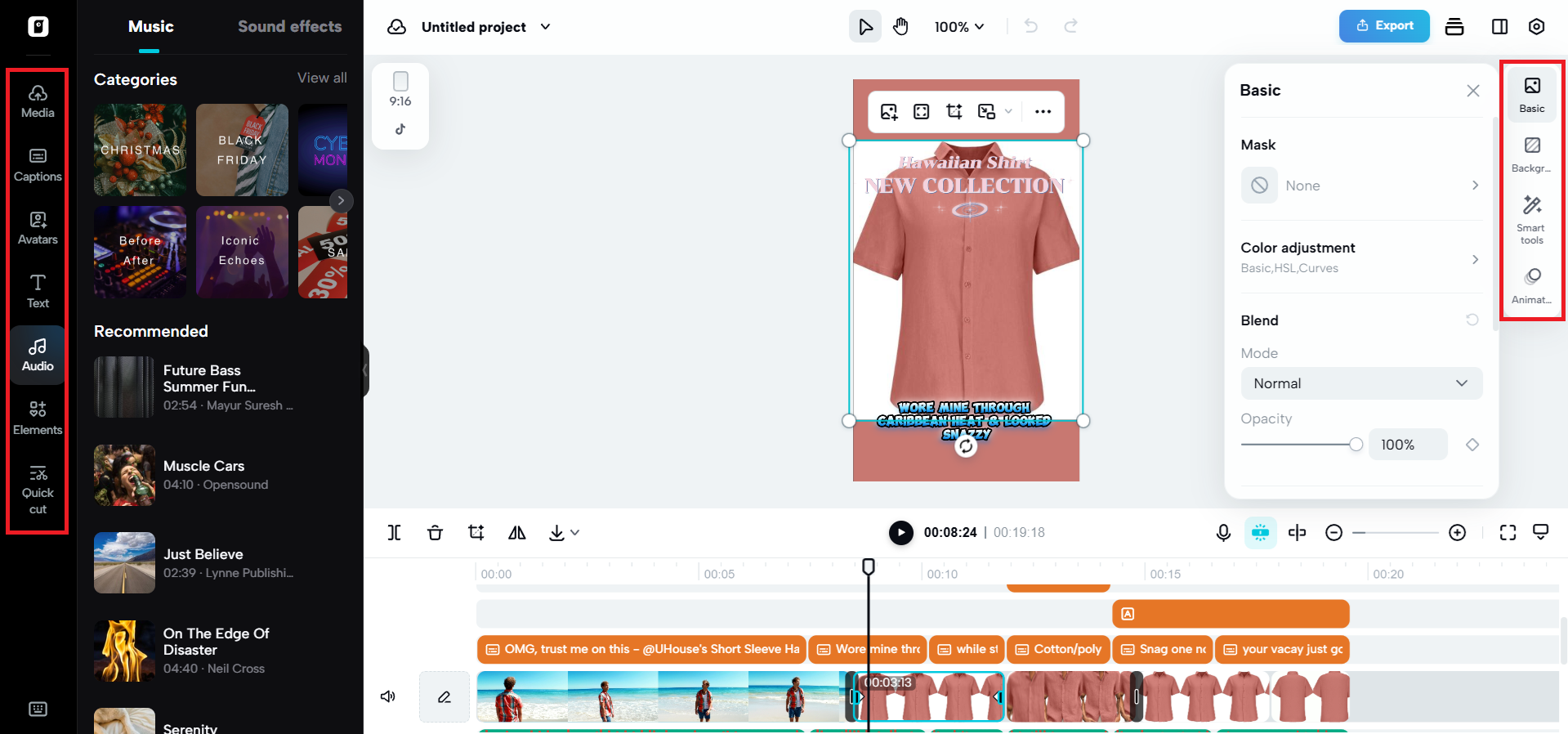 Editing options on either side of the canvas