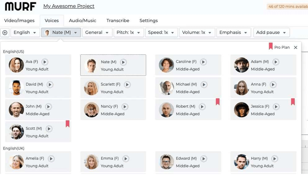 Interface of Murf AI - an efficient voice over software