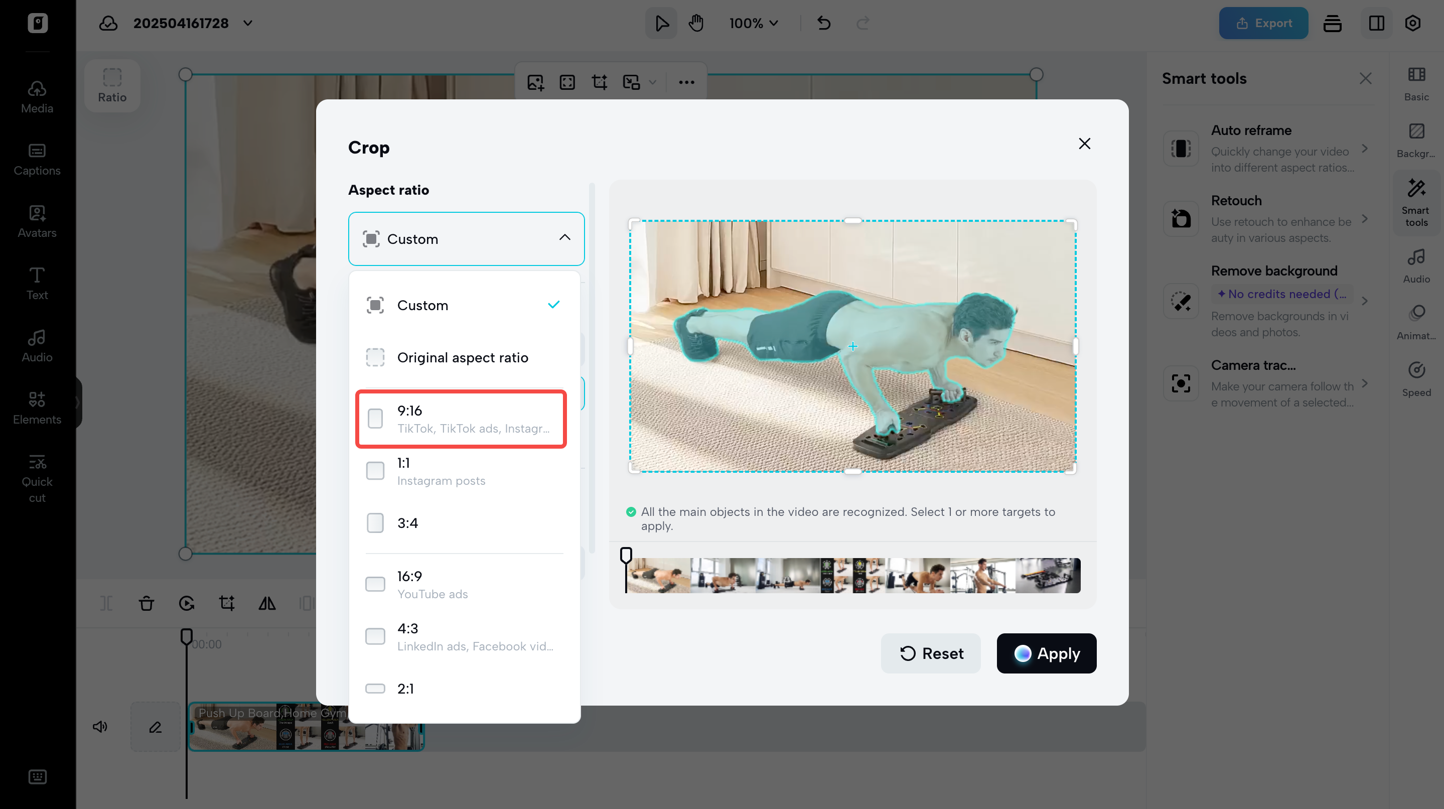 Dimension for a video for tiktok in Pippit