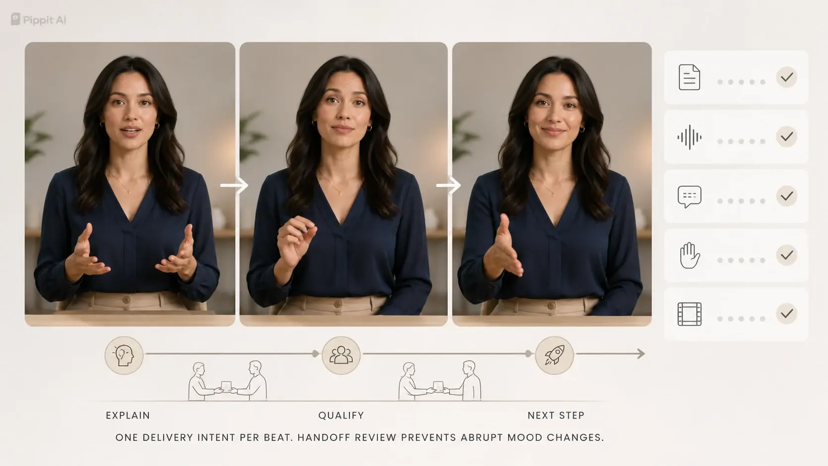 Three-panel AI avatar sequence showing shifting hand gestures and expressions, with workflow icons beside it.
