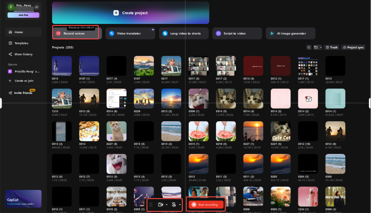Spuštění nahrávání obrazovky v CapCut