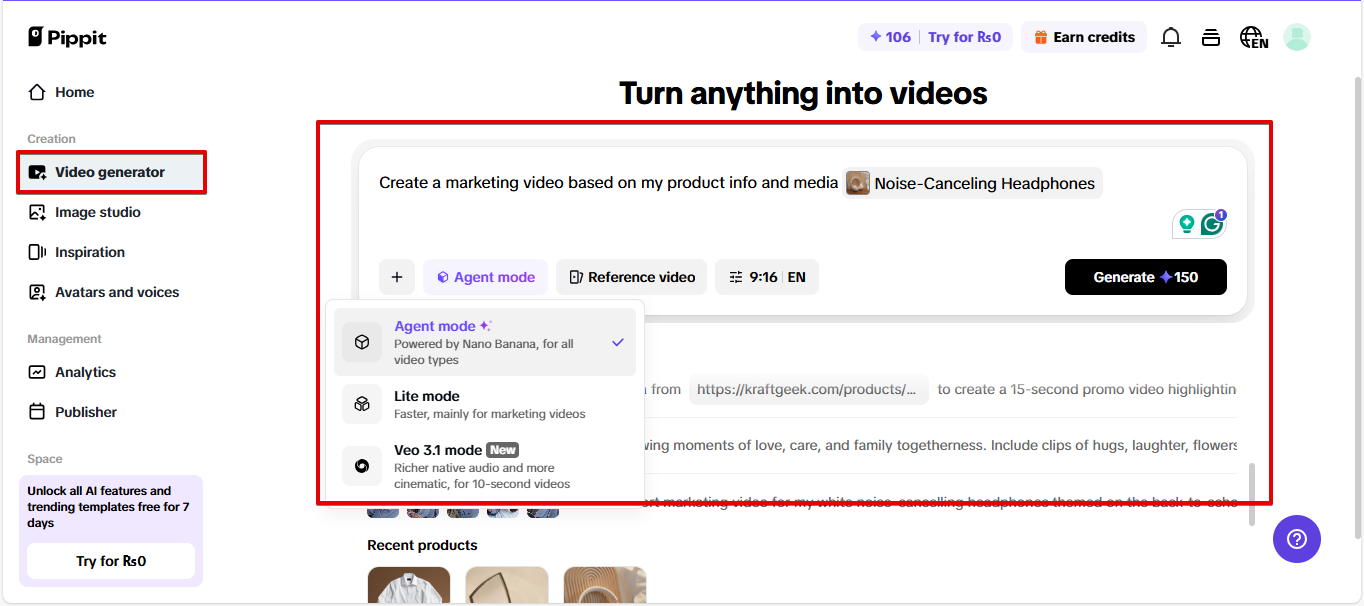 Generating video in Pippit