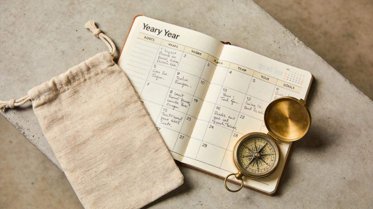 Open journal with handwritten monthly planner beside a cloth pouch and brass compass