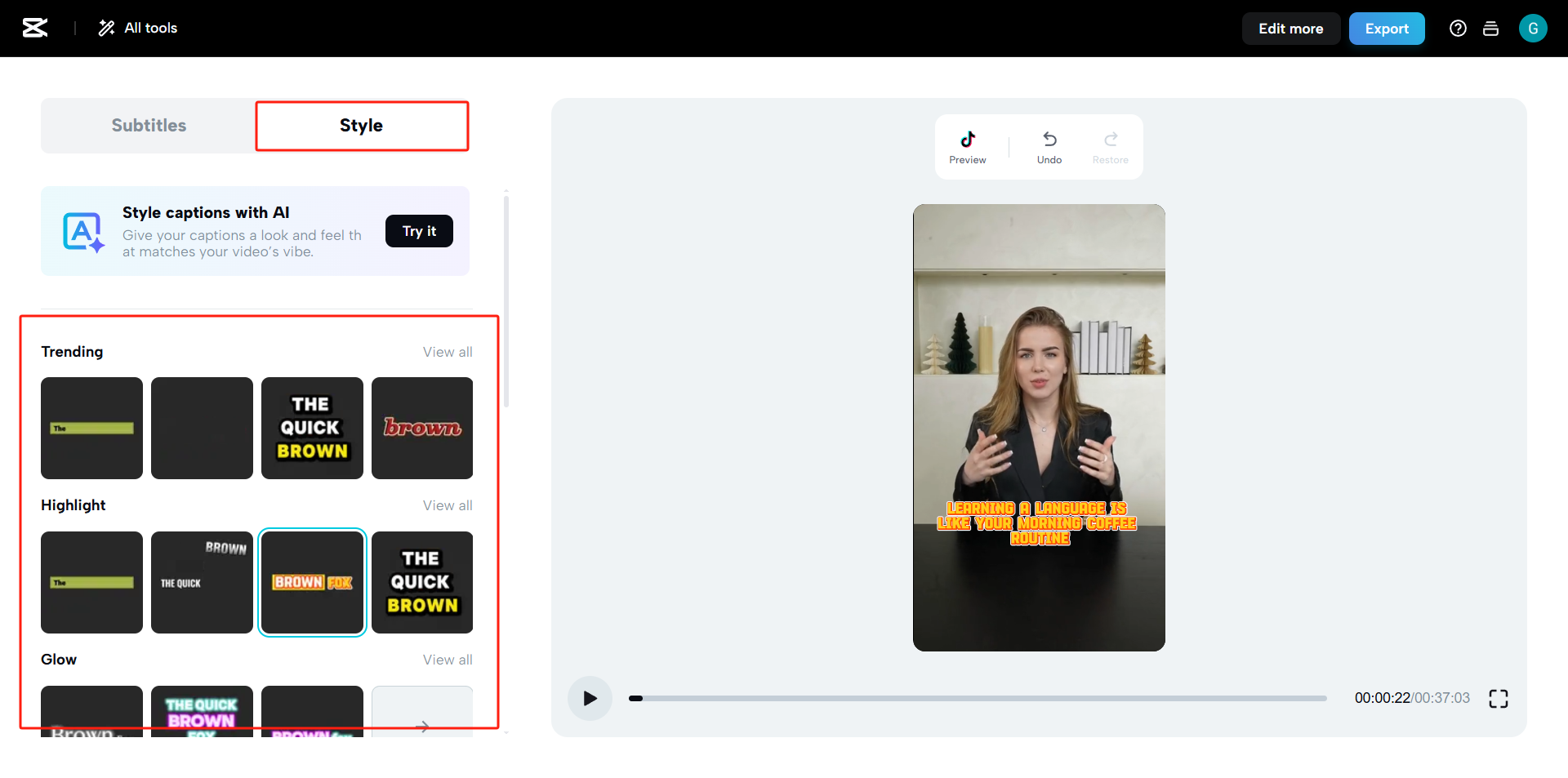 Choose or customize captions animation style
