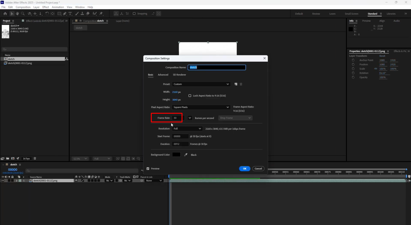 Adjusting composition frame rate of image sequence in After Effects