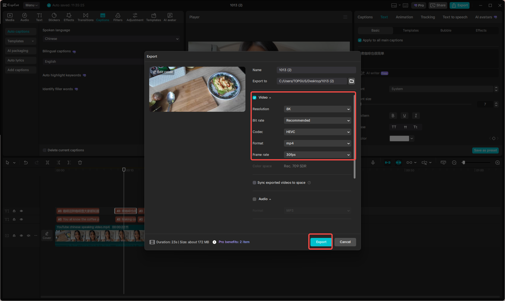 Exporting and sharing the video on YouTube