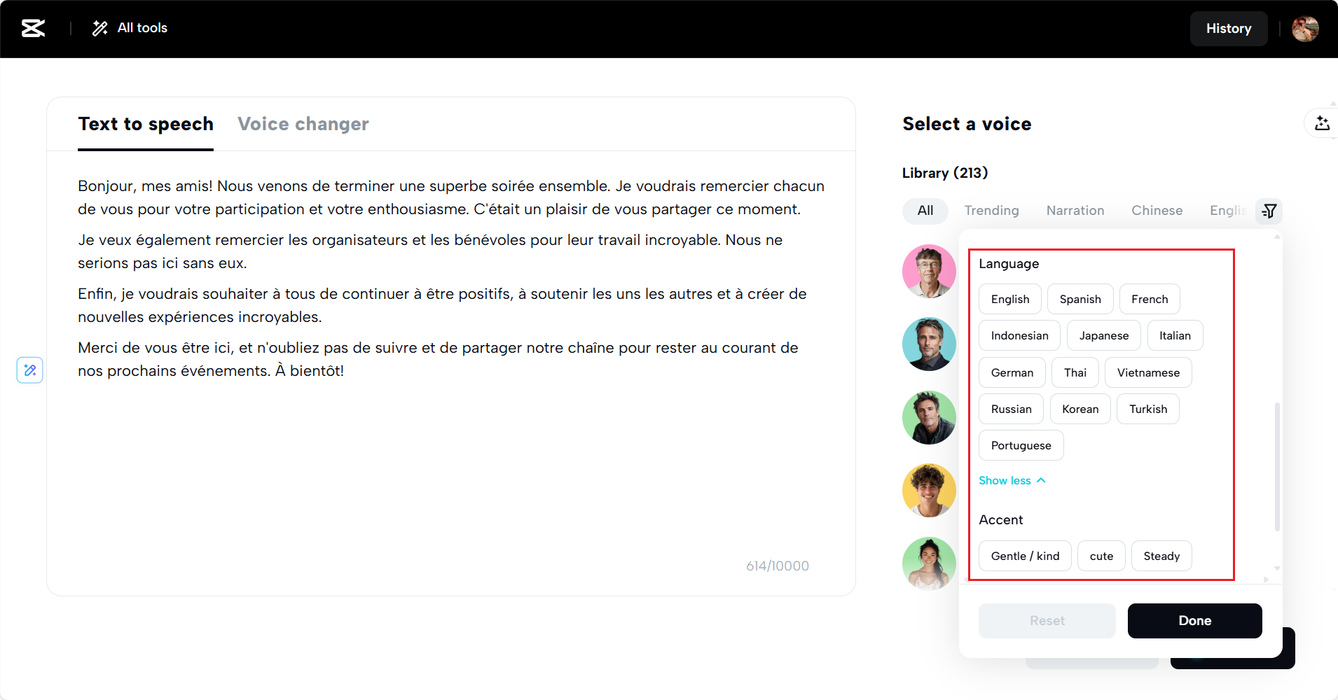 Choose your French voice option