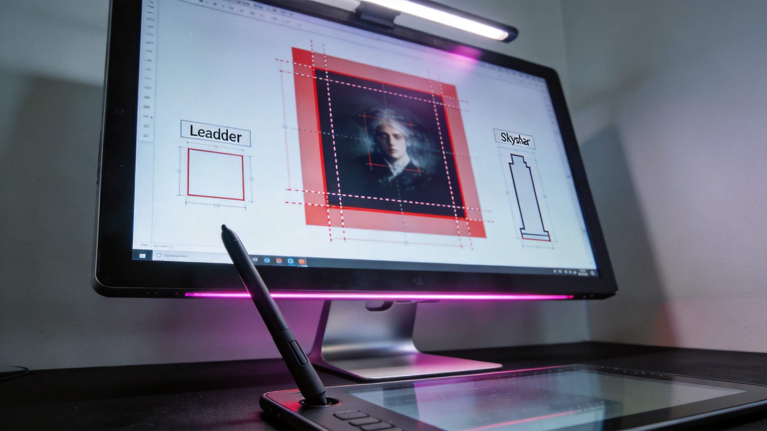 Monitor showing a banner design layout with red guide boxes and a portrait in the center