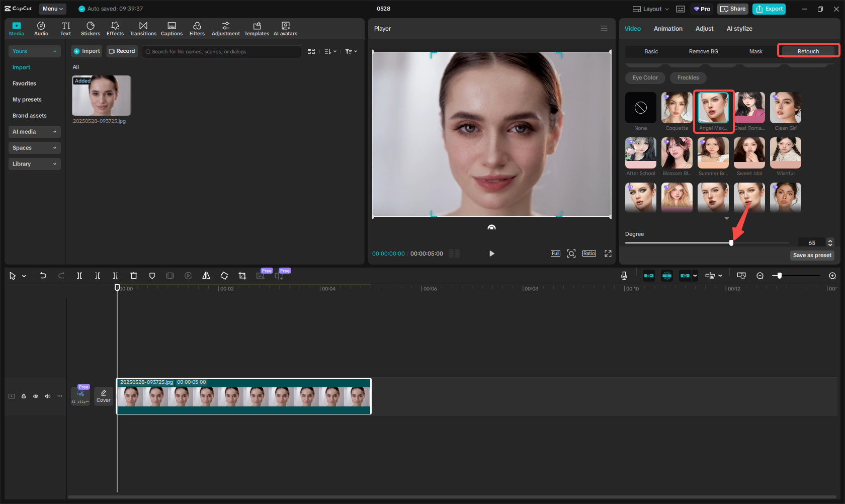 Applying makeup via Retouch in CapCut